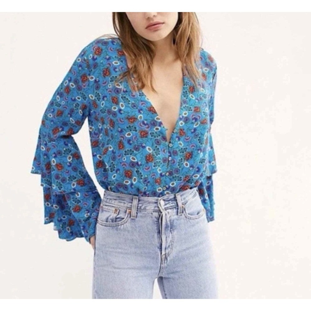 NWT Free People She's Dainty Blue Floral Bodysuit Flare Sleeve Boho Retro Sz L